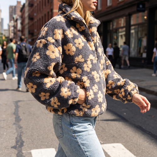 Marigold | Oversized Floral Teddy Fleece Jacket for Cold Weather Layering
