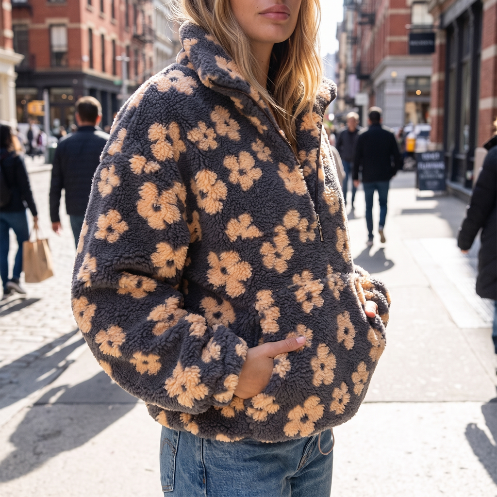 Marigold | Oversized Floral Teddy Fleece Jacket for Cold Weather Layering