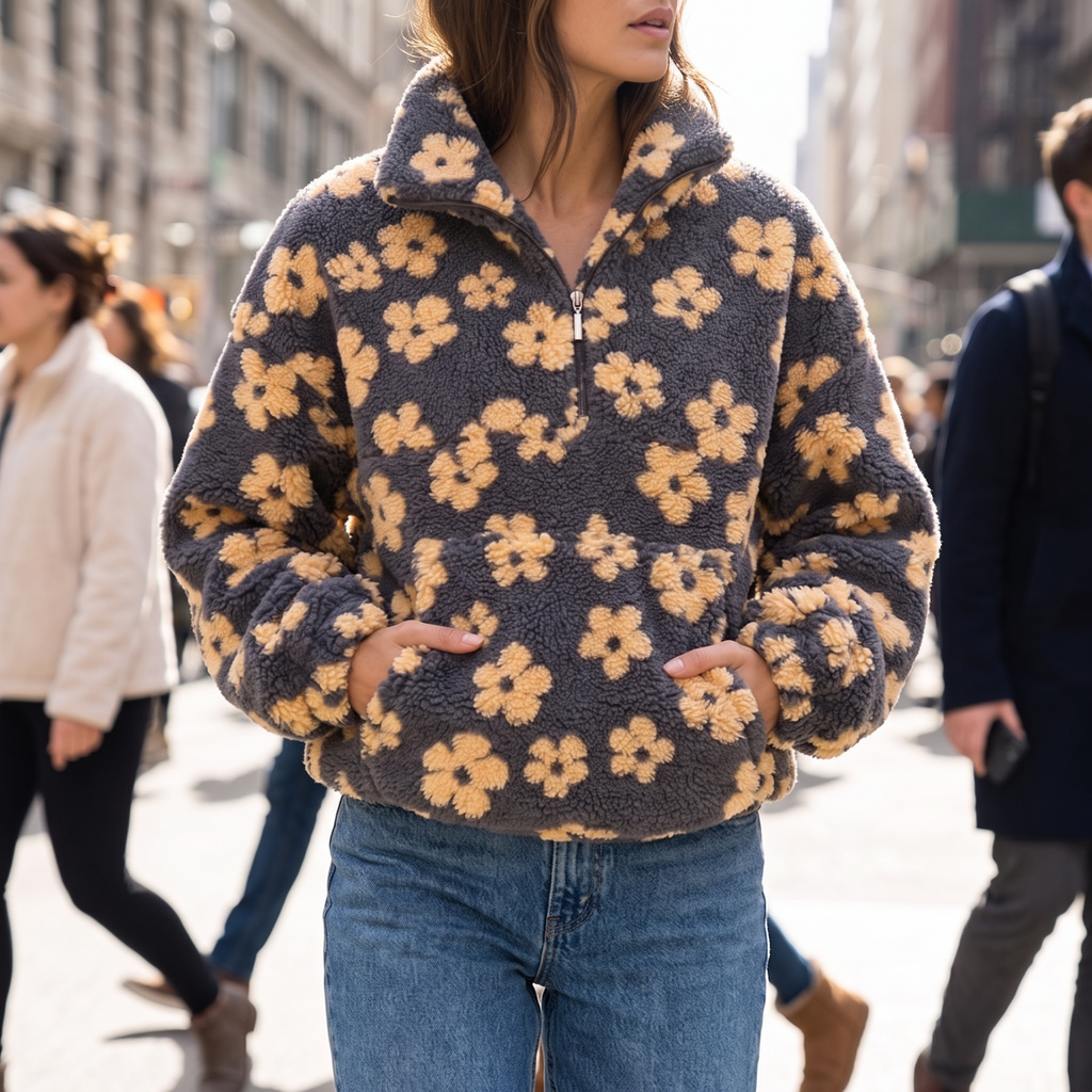 Marigold | Oversized Floral Teddy Fleece Jacket for Cold Weather Layering